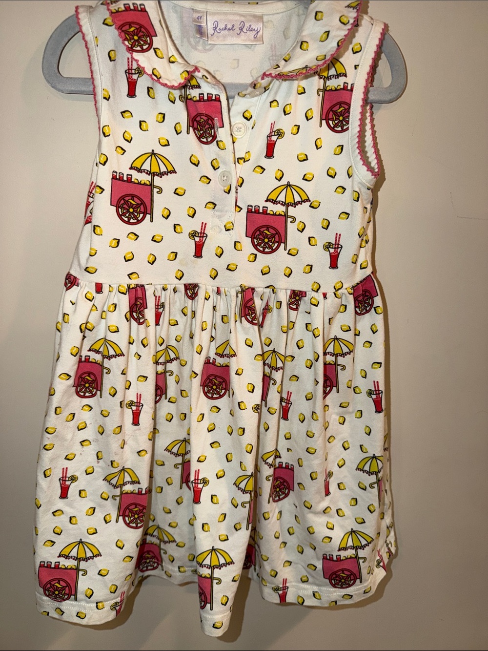 Rachel Riley White Dress with Pink and Yellow Lemonade Print